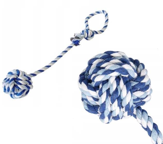 Zabawka dla psa, szarpak sznurkowy z piłką plecioną 33 cm biało niebieski