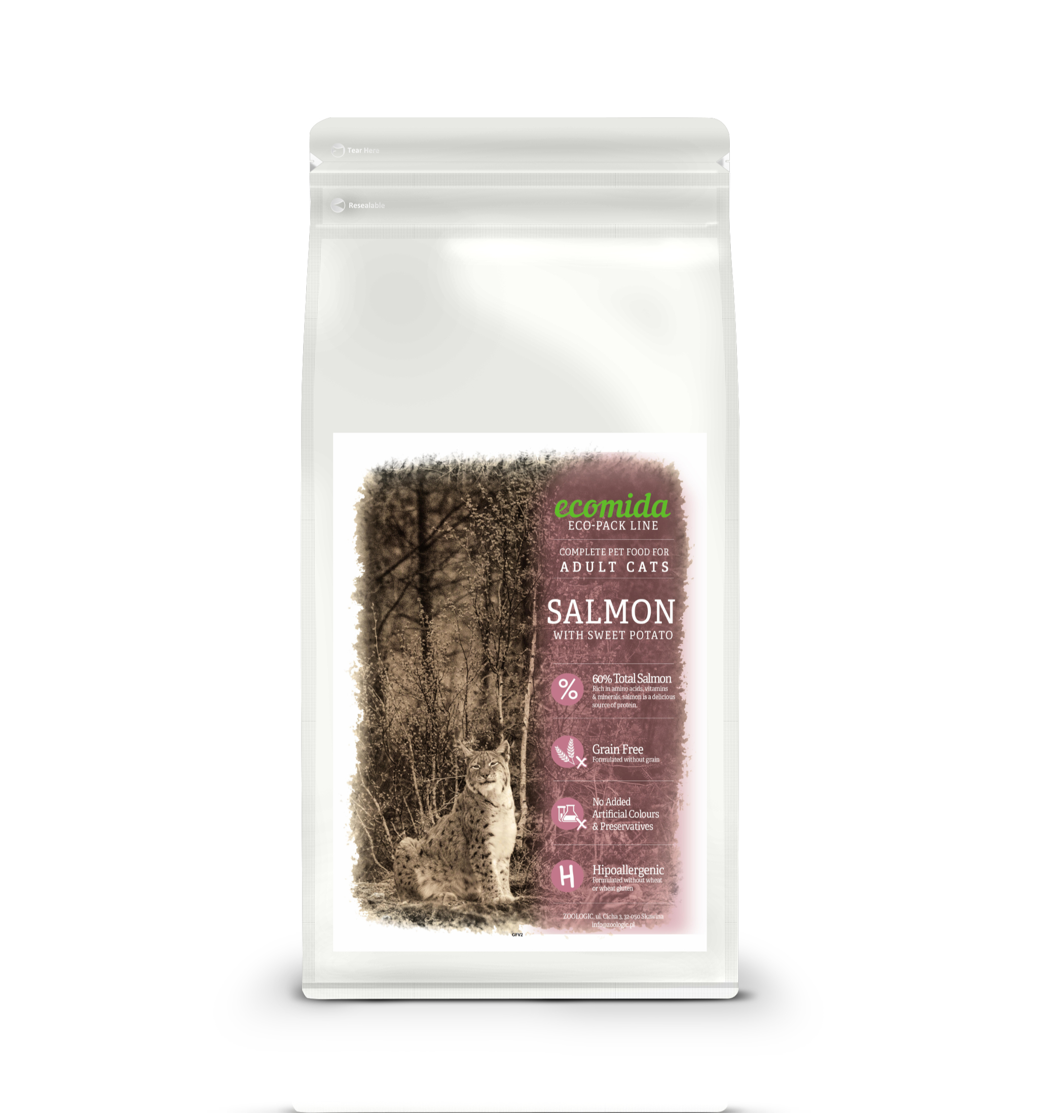 Ecomida Bez zbóż Hypoallergenic MONO Łosoś 500g sucha karma dla kotów dorosłych
