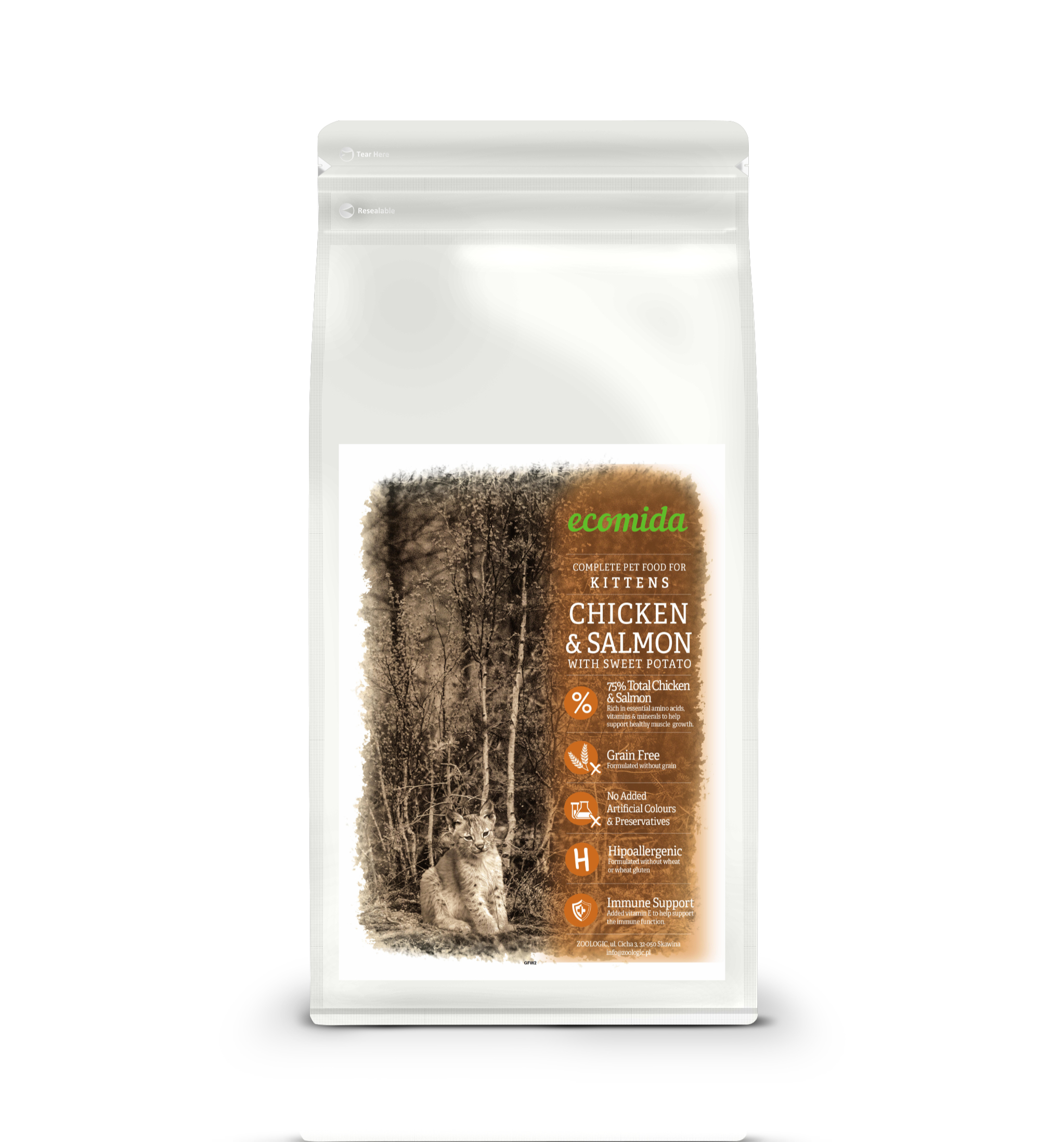 Ecomida Bez zbóż Hypoallergenic KITTEN Kurczak, Łosoś 500g sucha karma dla kociąt