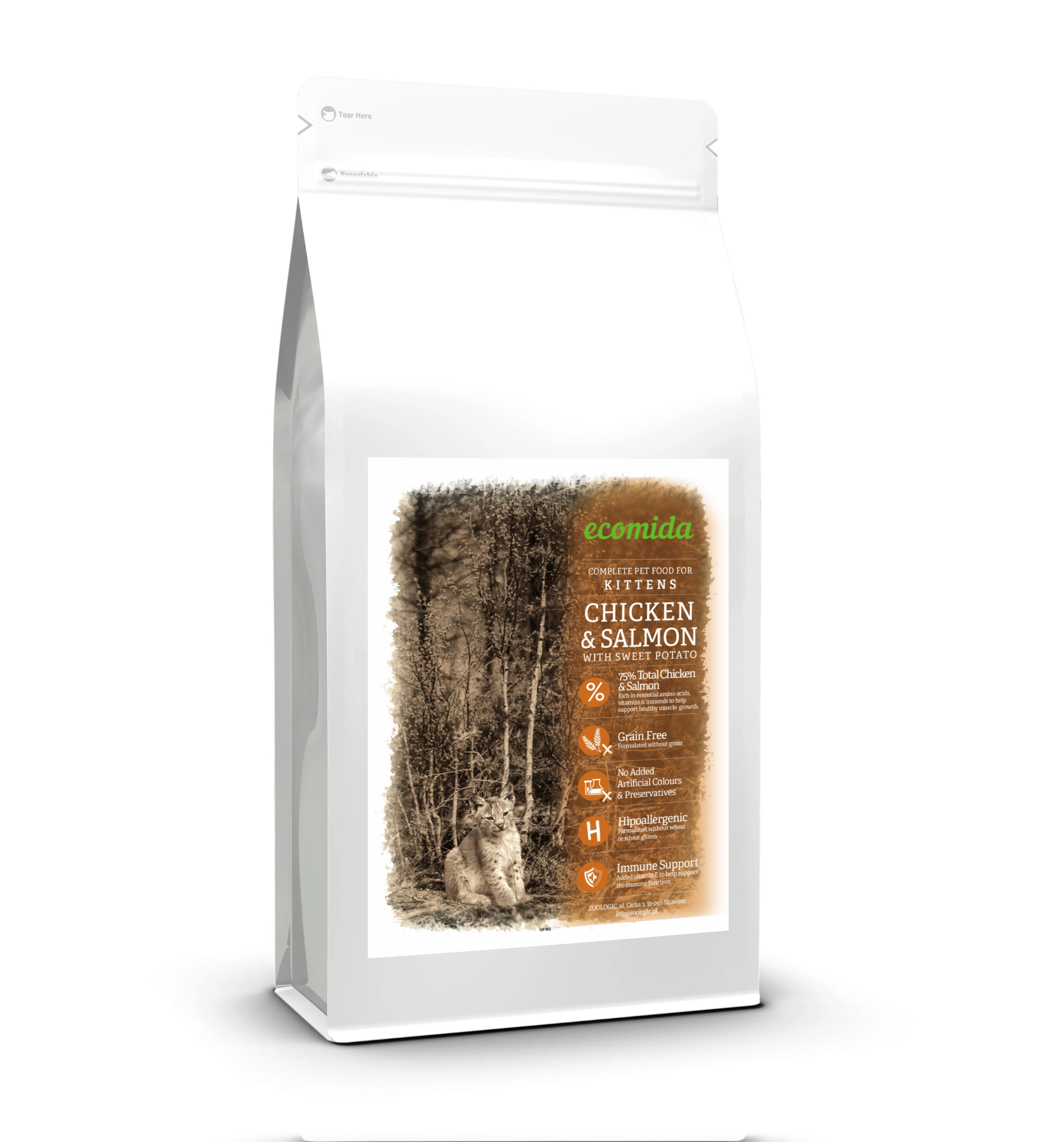 Ecomida Bez zbóż Hypoallergenic KITTEN Kurczak, Łosoś 2 kg sucha karma dla kociąt