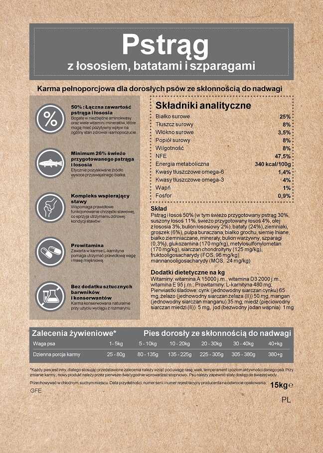 Ecomida- Monob. Hypo. Bez zbóż Light/Senior Pstrąg, Łosoś 15kg pies nadwaga GFE detal
