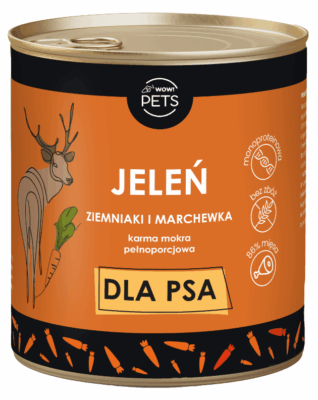 WOW!Pets Karma mokra PSY Monobiałkowa JELEŃ Ziemniak Marchew 86% mięsa 850g