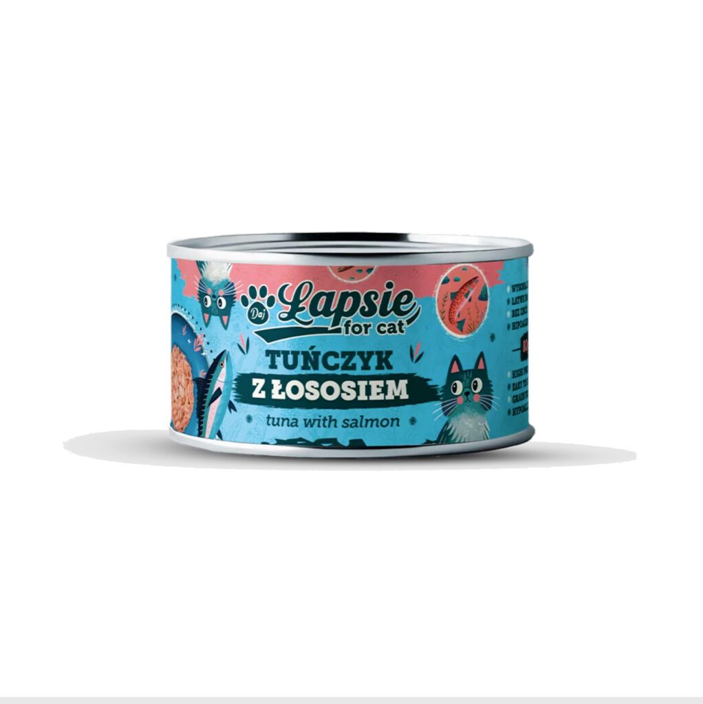 Daj Łapsie Tuńczyk w bulionie z łososiem karma mokra dla kota Puszka 80g