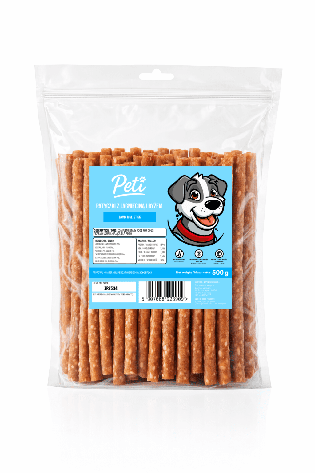 Przysmak dla psa smakołyk trenerki PETI 2 Patyczki Jagnięcina z Ryżem 500g