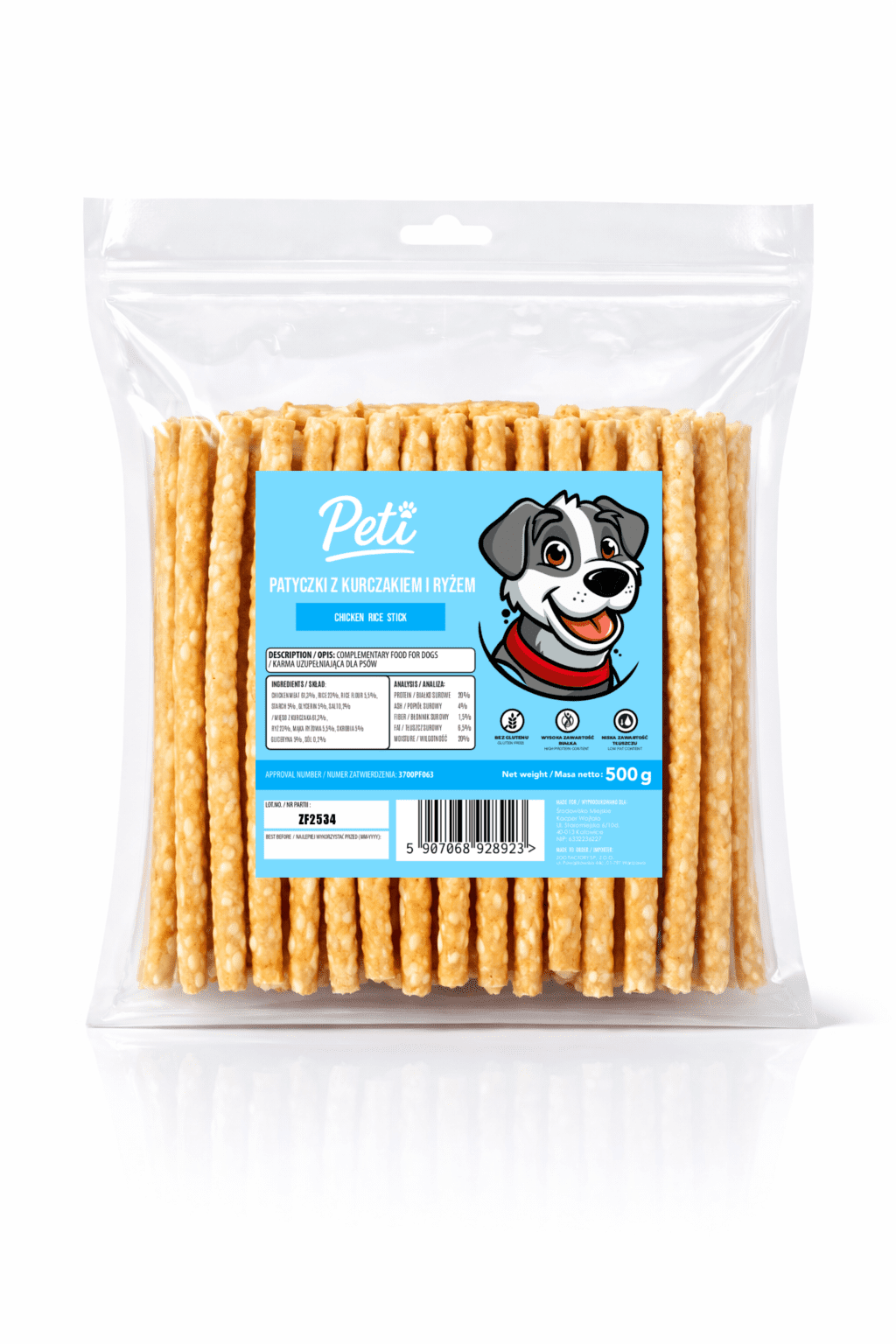 Przysmak dla psa smakołyk trenerki PETI 3 Patyczki Kurczak z Ryżem 500g