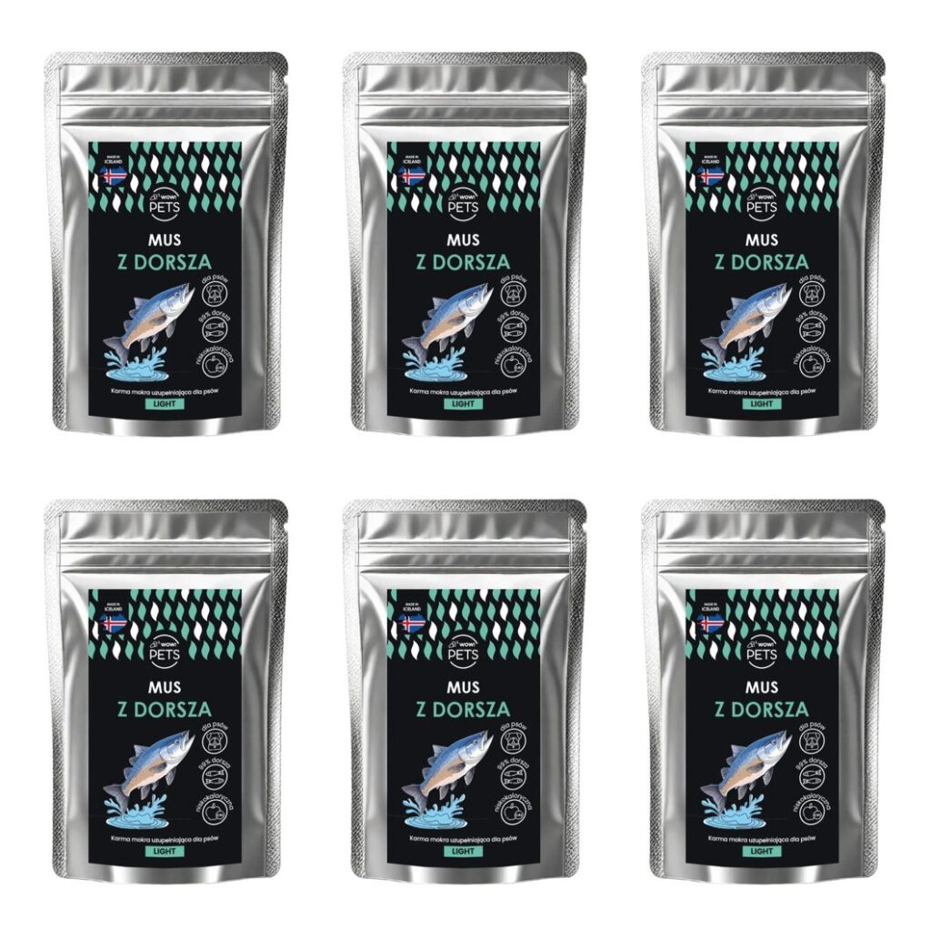 WOWPets Karma mokra PSY Monobiałkowa MUS z DORSZA (Light) saszetka 6x100 g