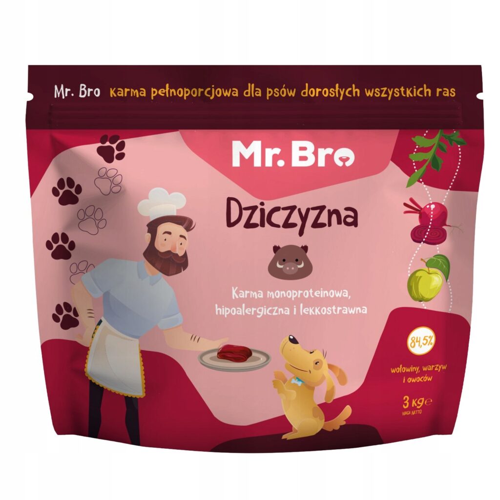 Zestaw Mr. Bro Monoproteinowa Sucha i Mokra Karma Dla Psów Dorosłych Z Dziczyzną 3kg + 6x400g detal