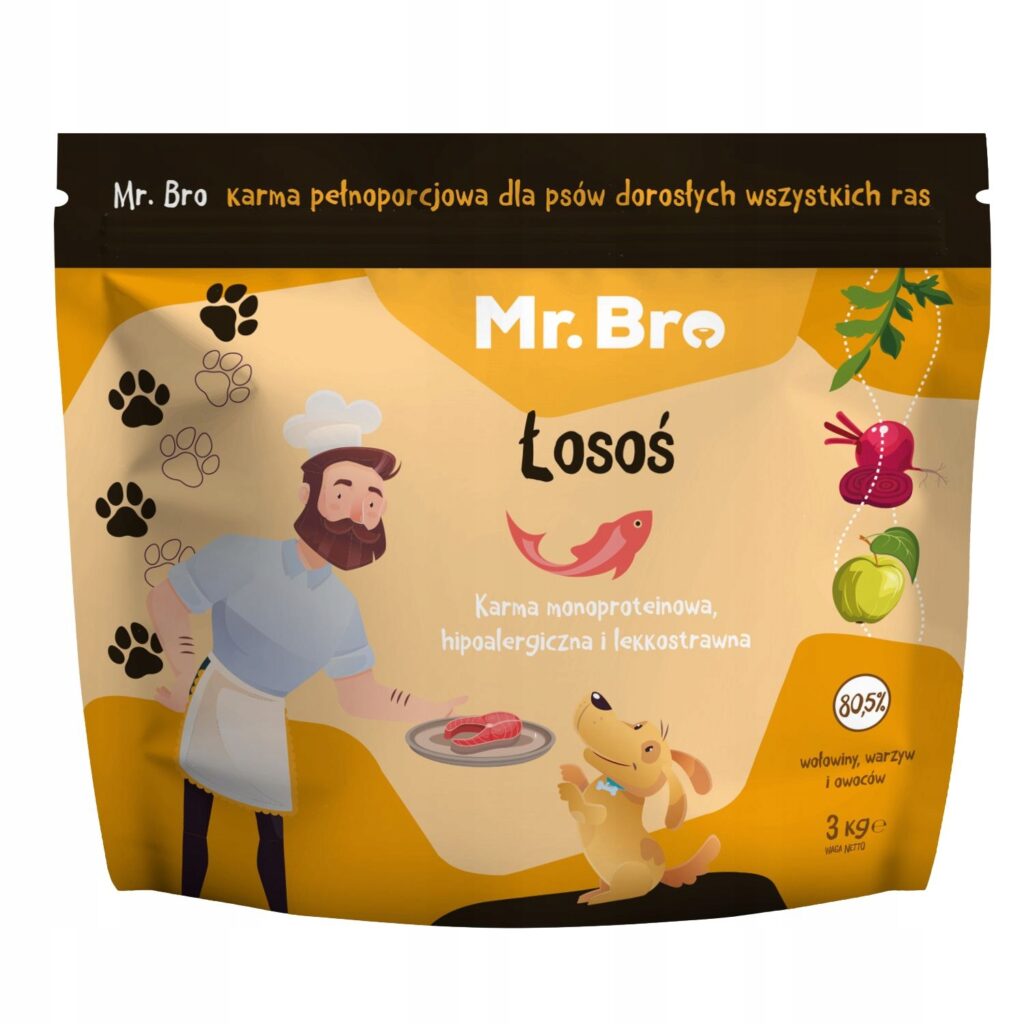 Zestaw Mr. Bro monoproteinowa Sucha i Mokra Karma Dla Psów Dorosłych Z Łososiem 3kg + 6x400g detal