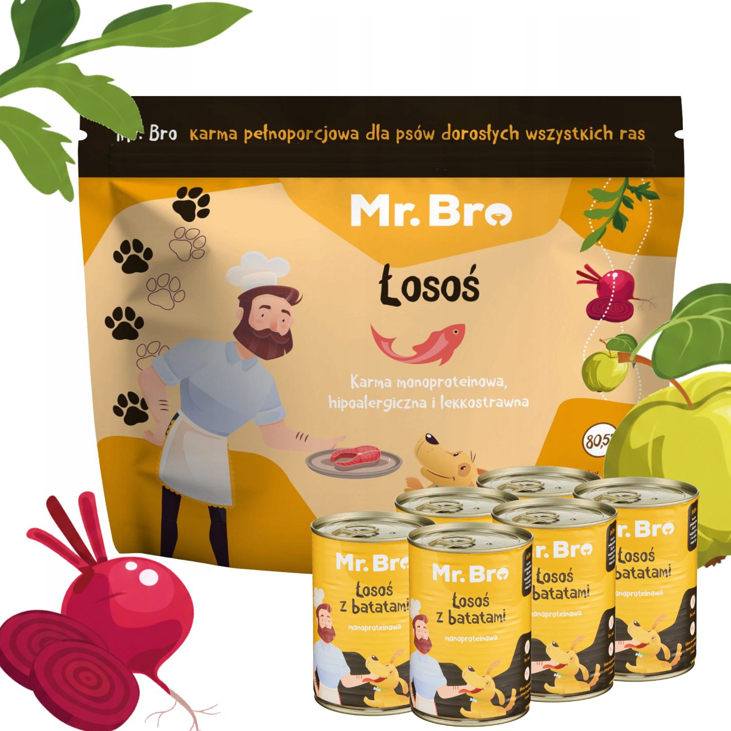 Zestaw Mr. Bro monoproteinowa Sucha i Mokra Karma Dla Psów Dorosłych Z Łososiem 3kg + 6x400g