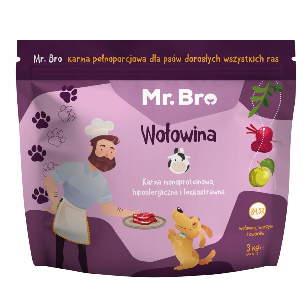 Zestaw Mr. Bro monoproteinowa Sucha i Mokra Karma Dla Psów Dorosłych Z Wołowiną 3kg + 6x400g detal