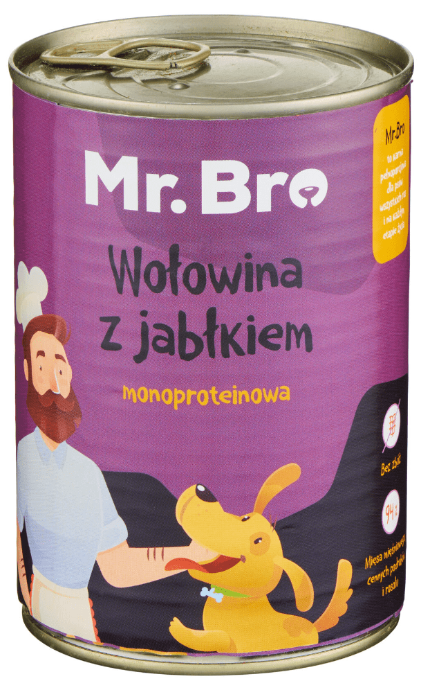 Zestaw Mr. Bro monoproteinowa Sucha i Mokra Karma Dla Psów Dorosłych Z Wołowiną 3kg + 6x400g detal