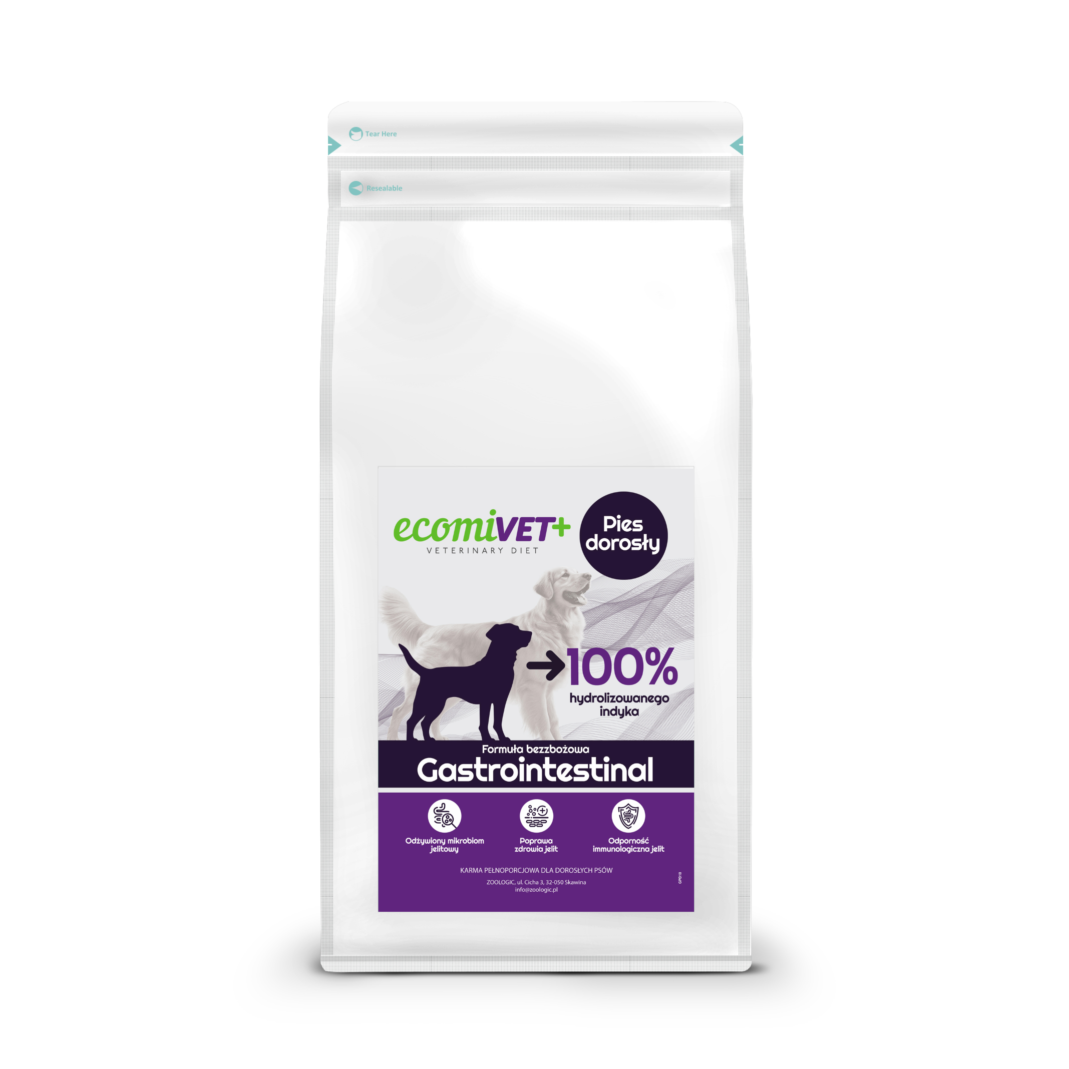 ecomiVET+ Gastrointestinal 1kg sucha dieta dla psa 100% hydrolizat Indyka