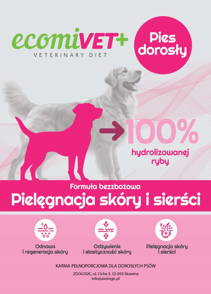 ecomiVET+ Hypoallergenic Skóra Sierść 1 kg 100% hydrolizat Łosoś Biała Ryba detal