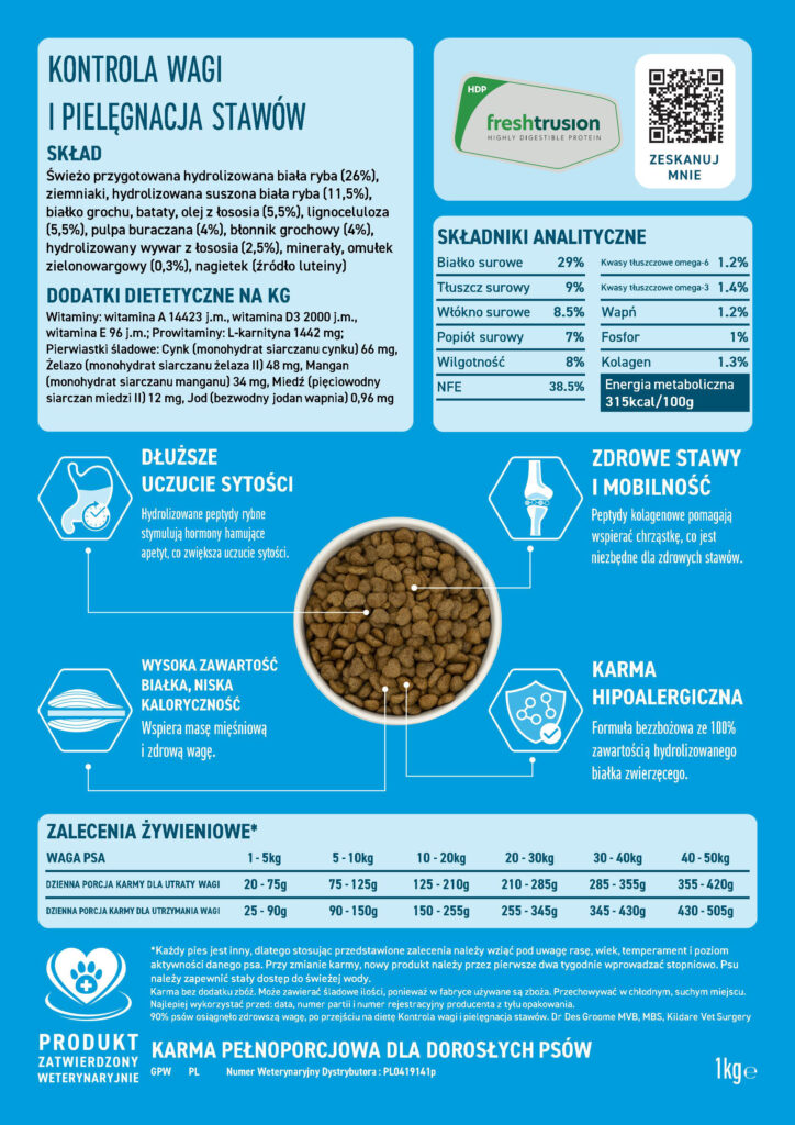 ecomiVET+ LOW FAT Waga Stawy 1 kg dieta dla psa 100% hydrolizat Biała Ryba detal