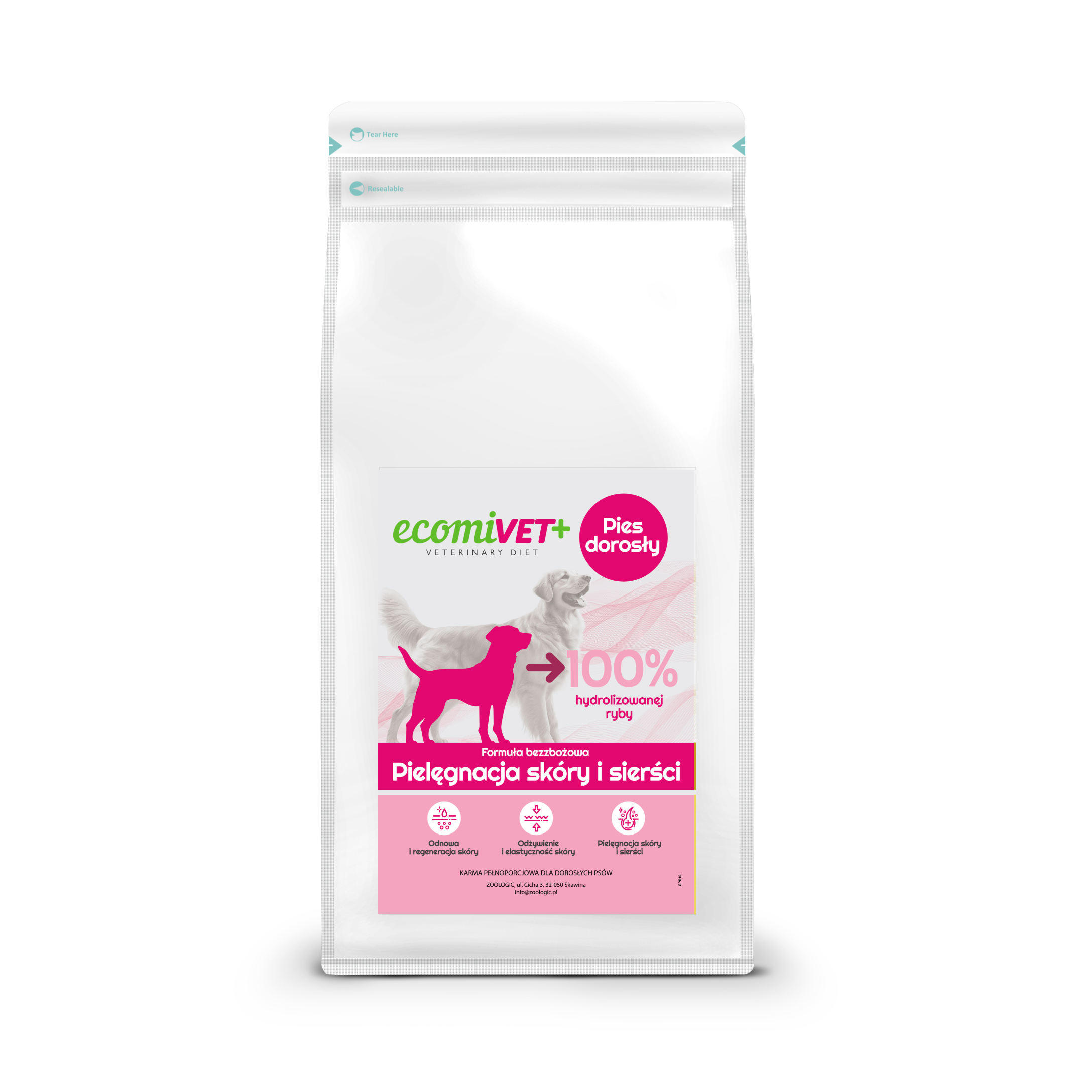 ecomiVET+ Hypoallergenic Skóra Sierść 1 kg 100% hydrolizat Łosoś Biała Ryba