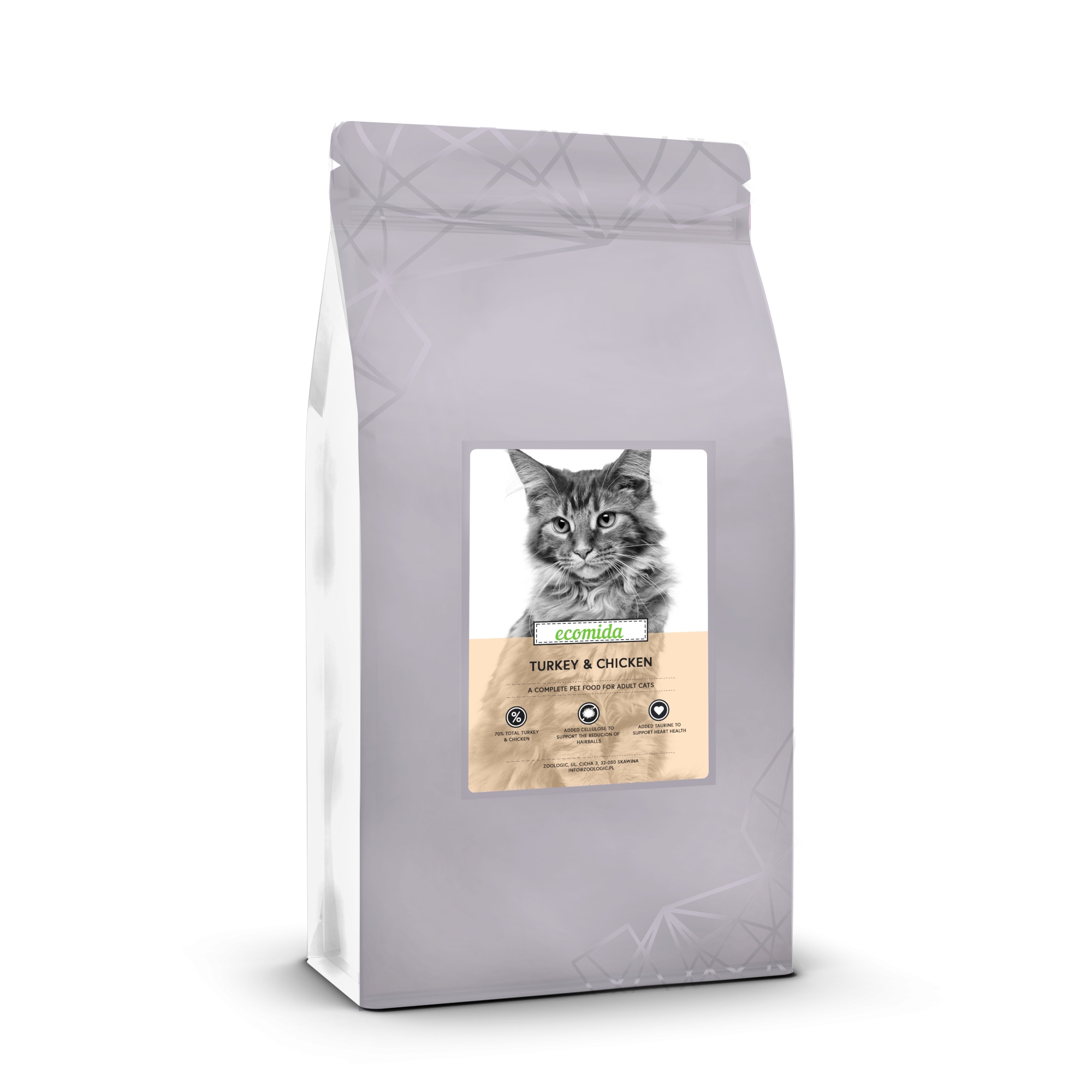 Ecomida Connoiseur Bez Zbóż Hypoallergenic Indyk, Kurczak 5 kg sucha karma Kot Dorosły, Sterylizowany, Kule włosowe