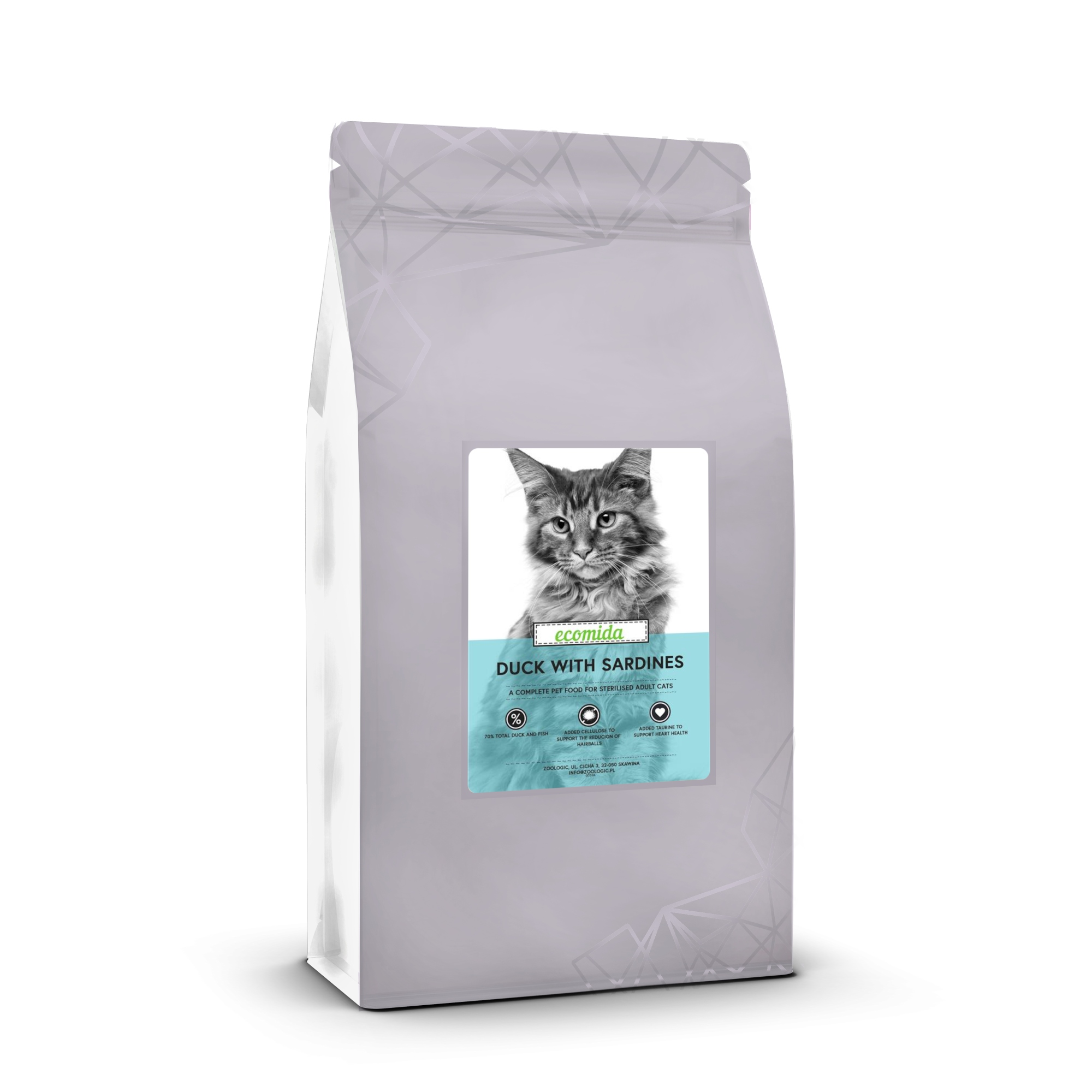 Ecomida Connoisseur Bez Zbóż Hypoallergenic Kaczka Sardynki 5 kg sucha karma Kot Dorosły, Sterylizowany, Kule włosowe
