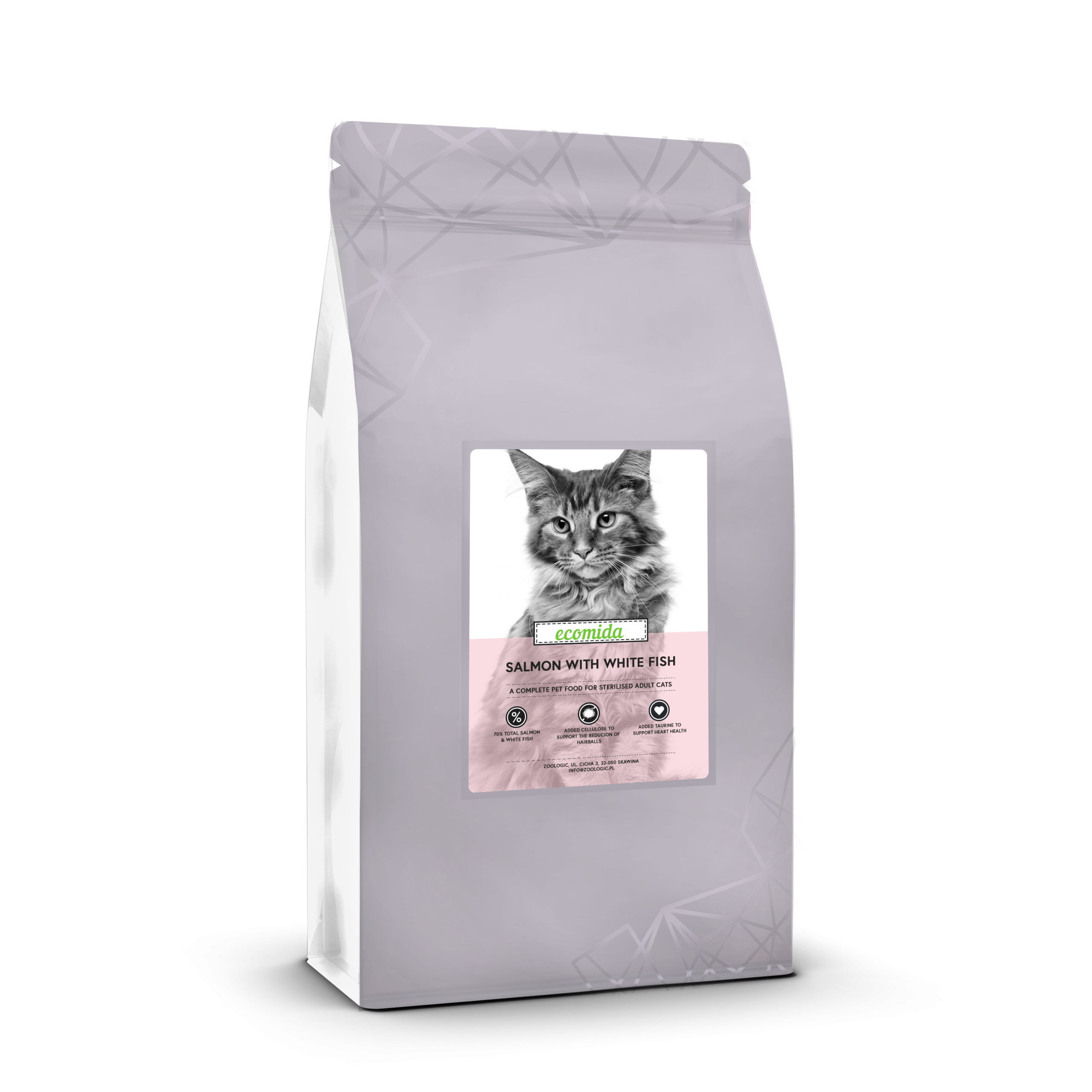 Sucha karma KOT, Sterylizowany Ecomida Bez Zbóż Łosoś Biała Ryba 5 kg