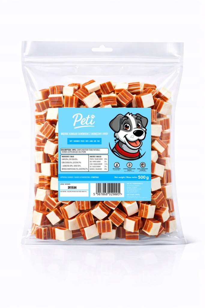 Przysmak dla psa smakołyk trenerki PETI 8 Sandwiche z Jagnięciny i Ryby 500g
