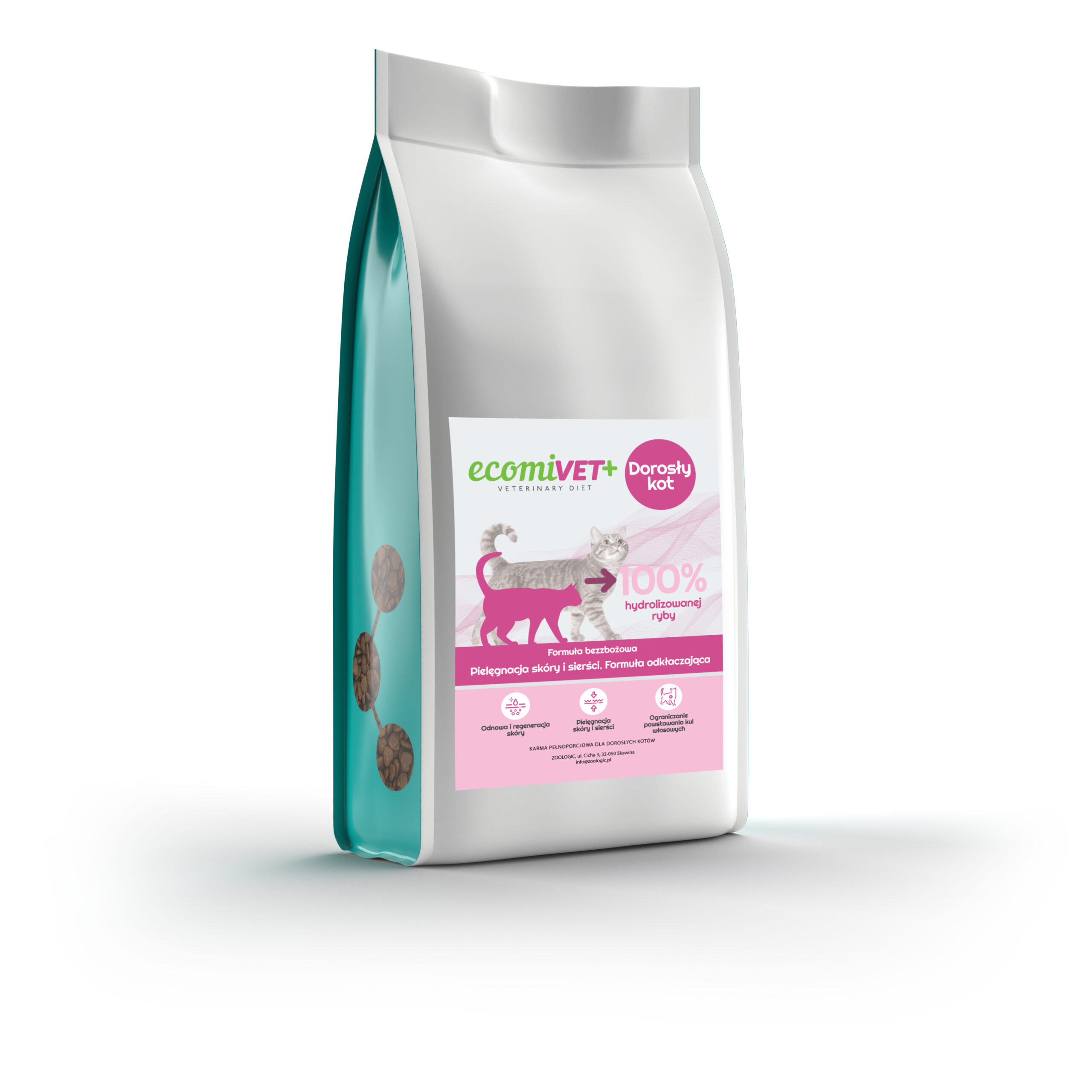 ecomiVET+ SKÓRA I SIERŚĆ 1,5 kg dieta Bez Zbóż KOTY 100% hydrolizat Łosoś