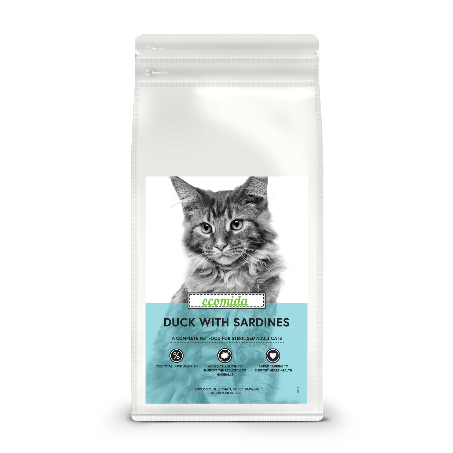 Ecomida Connoisseur Bez Zbóż Hypoallergenic Kaczka Sardynki 500g sucha karma Kot Dorosły, Sterylizowany, Kule włosowe