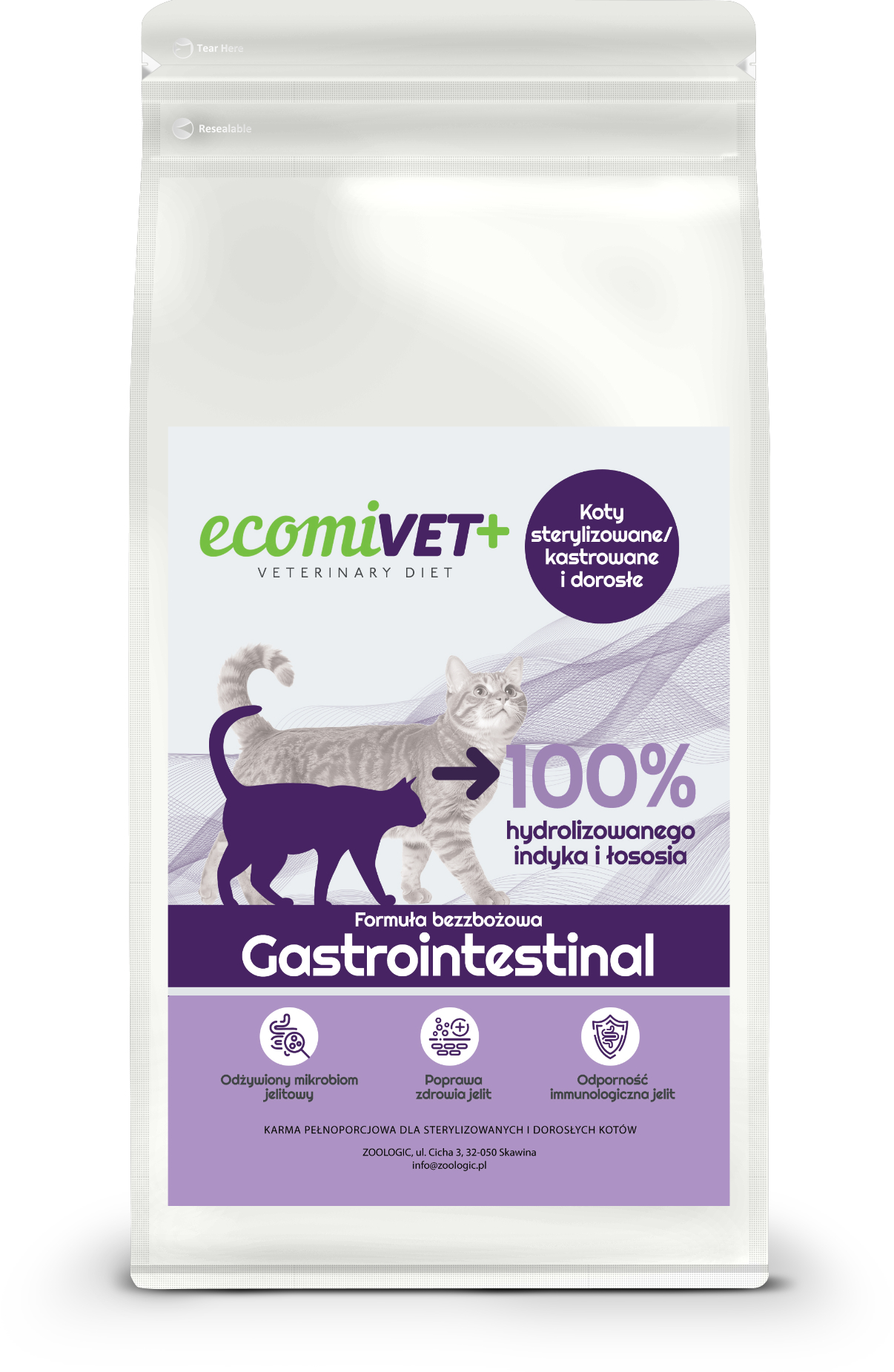 ecomiVET+ GASTROINTESTINAL 500g Bez Zbóż KOTY 100% hydrolizat Indyk Łosoś