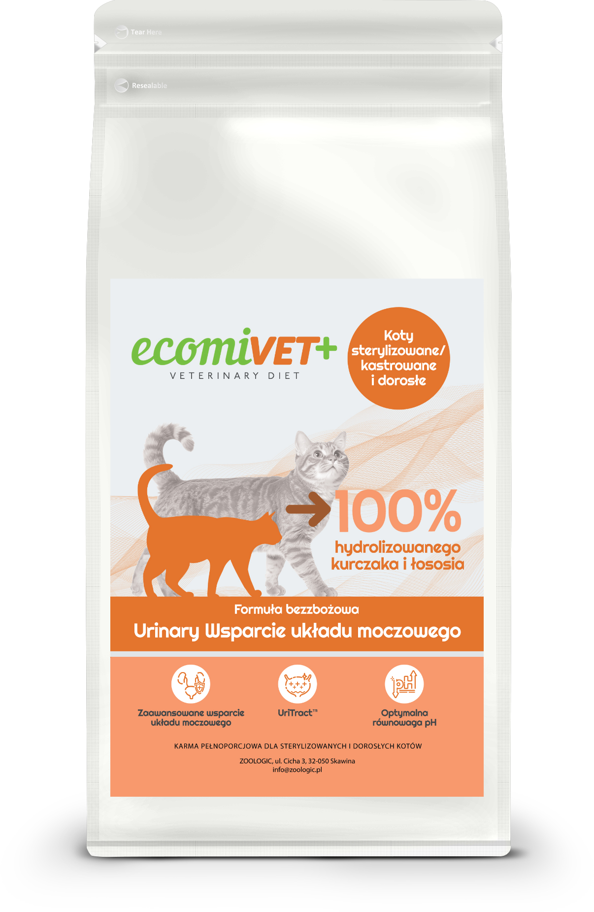 ecomiVET+ URINARY 500g dieta Bez Zbóż KOTY 100% hydrolizat Kurczak Łosoś