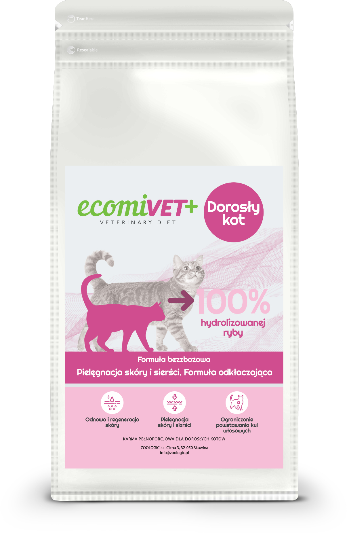 ecomiVET+ SKÓRA I SIERŚĆ 500g dieta Bez Zbóż KOTY 100% hydrolizat Łosoś