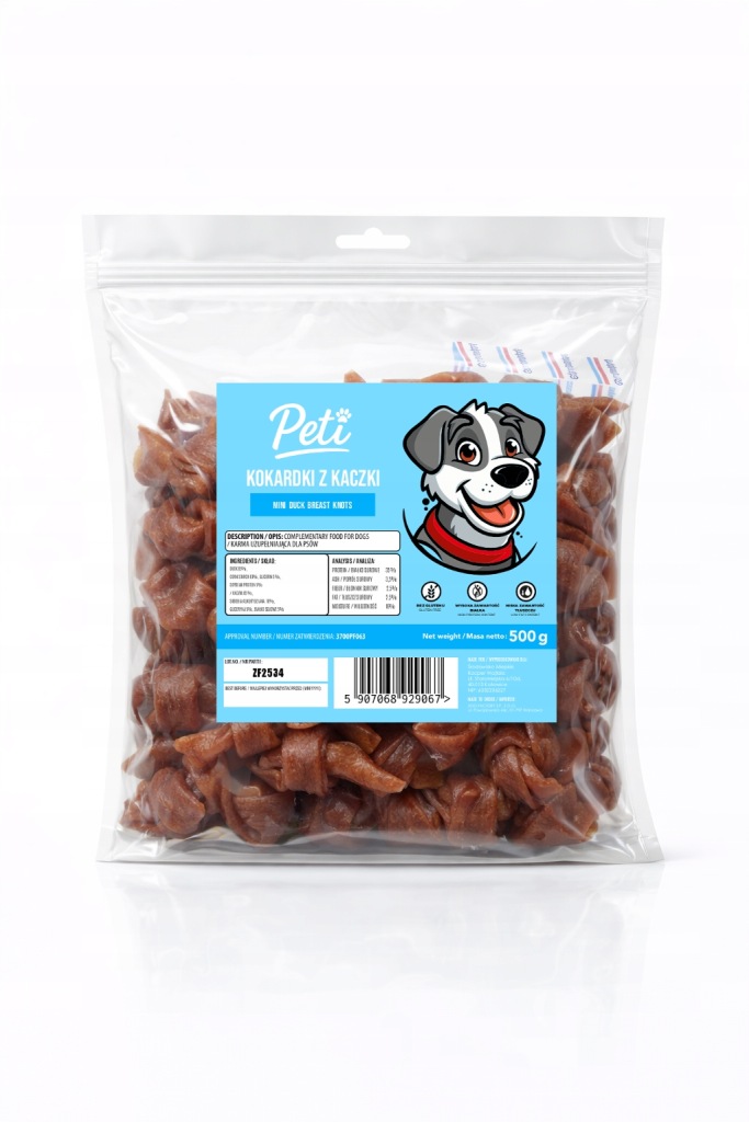 Przysmak dla psa smakołyk trenerki PETI 9 Miękkie Kokardki z Kaczki 500g