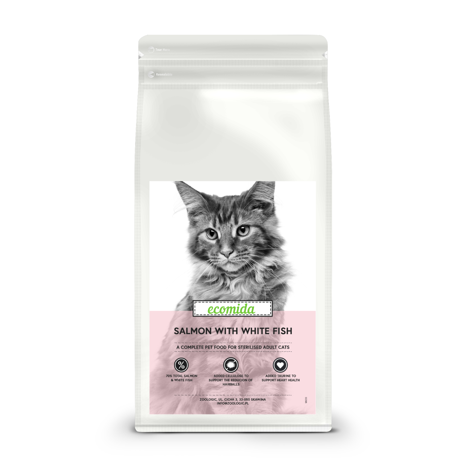 Sucha karma KOT, Sterylizowany Ecomida Bez Zbóż Łosoś Biała Ryba 500g