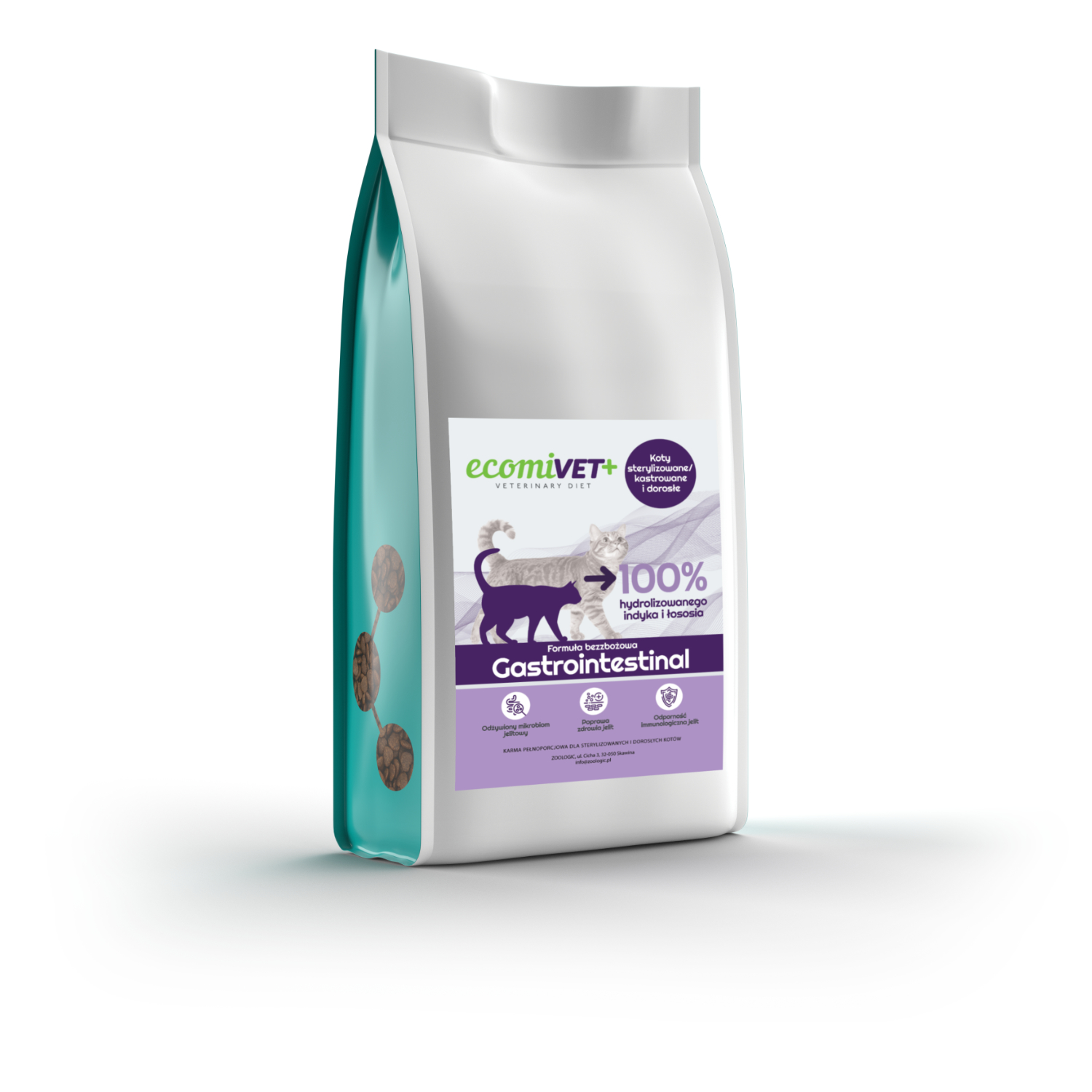 ecomiVET+ GASTROINTESTINAL 1,5 kg Bez Zbóż KOTY 100% hydrolizat Indyk Łosoś