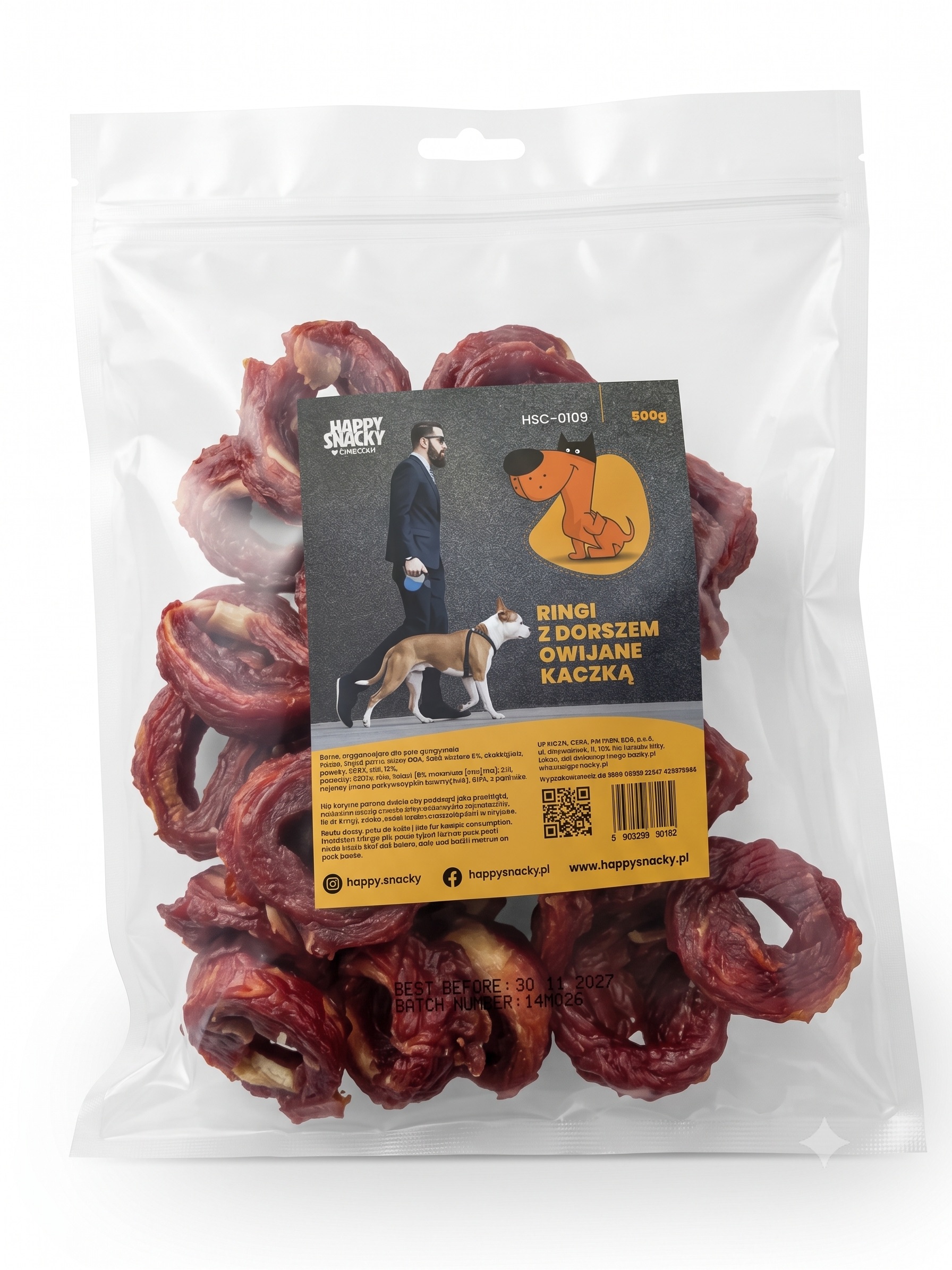 Happy Snacky Przysmak dla psa Ringi z dorsza owijane kaczką 500g