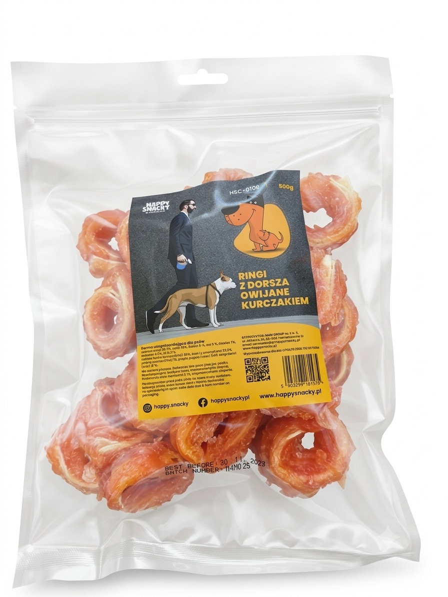Happy Snacky Przysmak dla psa Ringi z dorsza owijane kurczakiem 500g